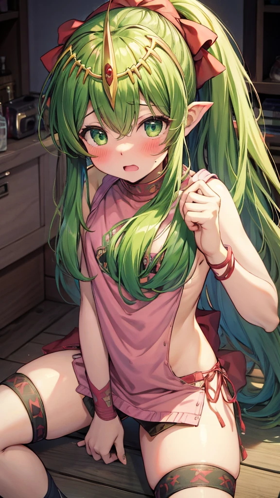 (Masterpiece), Best Quality, ultra-detailed, 1girl (zodiac_mallow, lovely small breasts, dark skin, green hair,  long hair,  twintails, headband, pink flower in hair, green eyes, half-closed  eyes, empty eye), a  blank face, unconsciouness , parted lips, Saliva,  head tilt, nose blush, blush, solo,dark skin,  white tank_top, torn_clothes, nipples, navel,  denim  short skirt, outdoors, street,  wall, against  the  wall, sitting,  sitting on floor, wet body (sweat, cum),cumdrip from her pussy , top view 