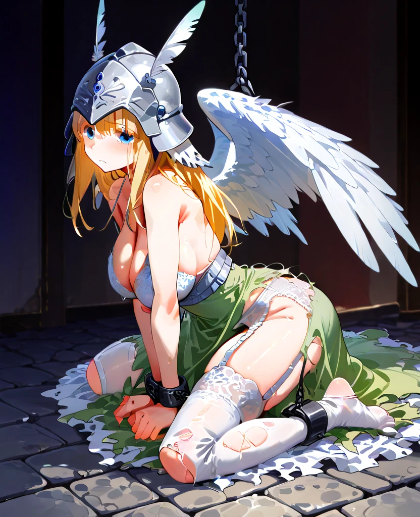 Anime. 1 Girl. Cute girl. Angel. Slave. Blonde. Long hair. Blue eyes. Beautiful eyes. Perfect eyes. Expressive eyes. Ideal face. A face about to sneeze. Sneezing face. Beautiful nose. Snotty nose. 16 years. Big breasts. Beautiful breasts. Pointy ears. Cold. Allergy. Runny nose. Nasal mucus. Snot. Snot flows from the nose. Snot flies in all directions when you sneeze. She's having her period. Her crotch is bleeding. There is a small streak of menstrual blood on the panties. Menstrual blood flows down the thighs. Ideal anatomical body. Beautiful long legs. The whole body is covered with scars. Angel wings. White wings. Dirty tunic. Torn tunic. dirty panties. Torn panties. Barefoot. Slave collar. Shackles. Standing. Full height. Fantasy. City. Street. Many people. Beautiful character design. Shiny skin. Full body. nsfw. Scat. Official art. Extremely detailed CG Unity 8k wallpaper. Ideal lighting. Ultra high resolution 4K. Super detailed 8K. A high resolution.