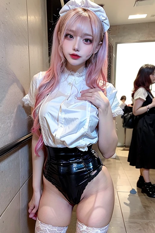 girl, 8 years old, black skin, very young, cutie, very skinny, anorexia, harmful, charming, Darling, bright blonde with pink hair, Informal, very long wavy hair, bright makeup, White wet transparent mini blouse, Cleavage, White miniskirt, tights, rectangular frame glasses, bright red lipstick, goth makeup, wet clothes, full length photo, ahegao, orgasm, skirt lift, masturbation, crotch cumdrip, bukkake, cumdrip, white tights, eyeliner, eye shadow, masturbating, allure, pissing herself, chocker, pissing stream