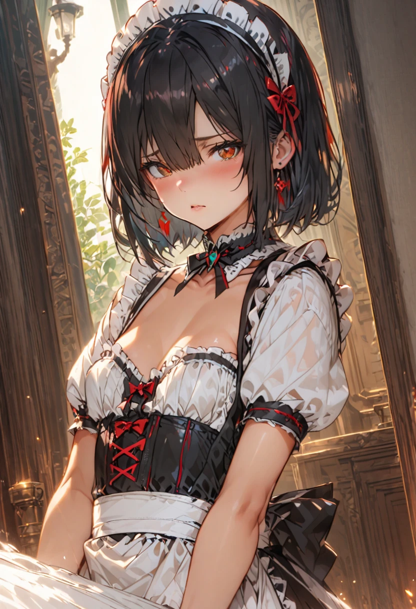 (masterpiece, best quality:1.2), cowboy shot, solo, 1girl, ayanokouji rem, sad, open lips, heavy breath, wet skin, sweaty, looking at viewer, long sleeves, capelet, red skirt, thighhighs, cleavage