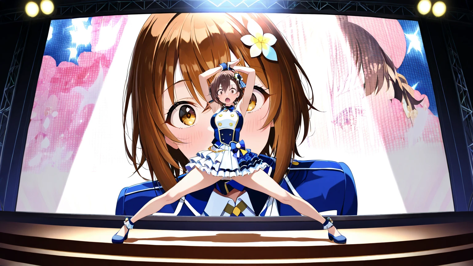 (((Pixel Perfect, Perfect in every detail))),(((Diameter-downward view of skirt,))), alone, One girl, Honoka Kosaka, (m's アイドルドレス), View your viewers, smile, m's,lovelive!stage, sing, (Lifted Skirt 1.3), (Detailed Panties 1.3), (White Panties: 1.3), (Frilled Panties: 1.3),(Panty shot), (Cute Panties), (Low - Angle) ,Blue eyes,orange hair,one side ponytail,short hair,