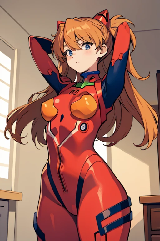 (masterpiece, best quality, detailed), 1girl, solo, indoors, changing room, arms behind head, cowboy shot,
souryuu asuka langley, interface headset, red bodysuit