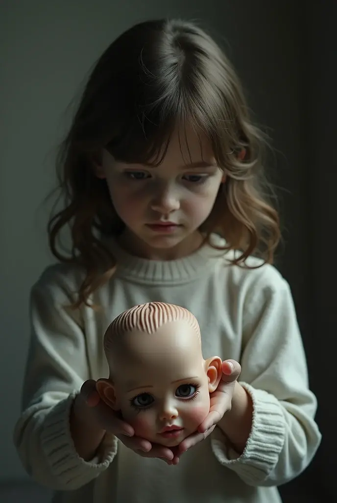 5-year-old girl holding a doll's head in her hand
