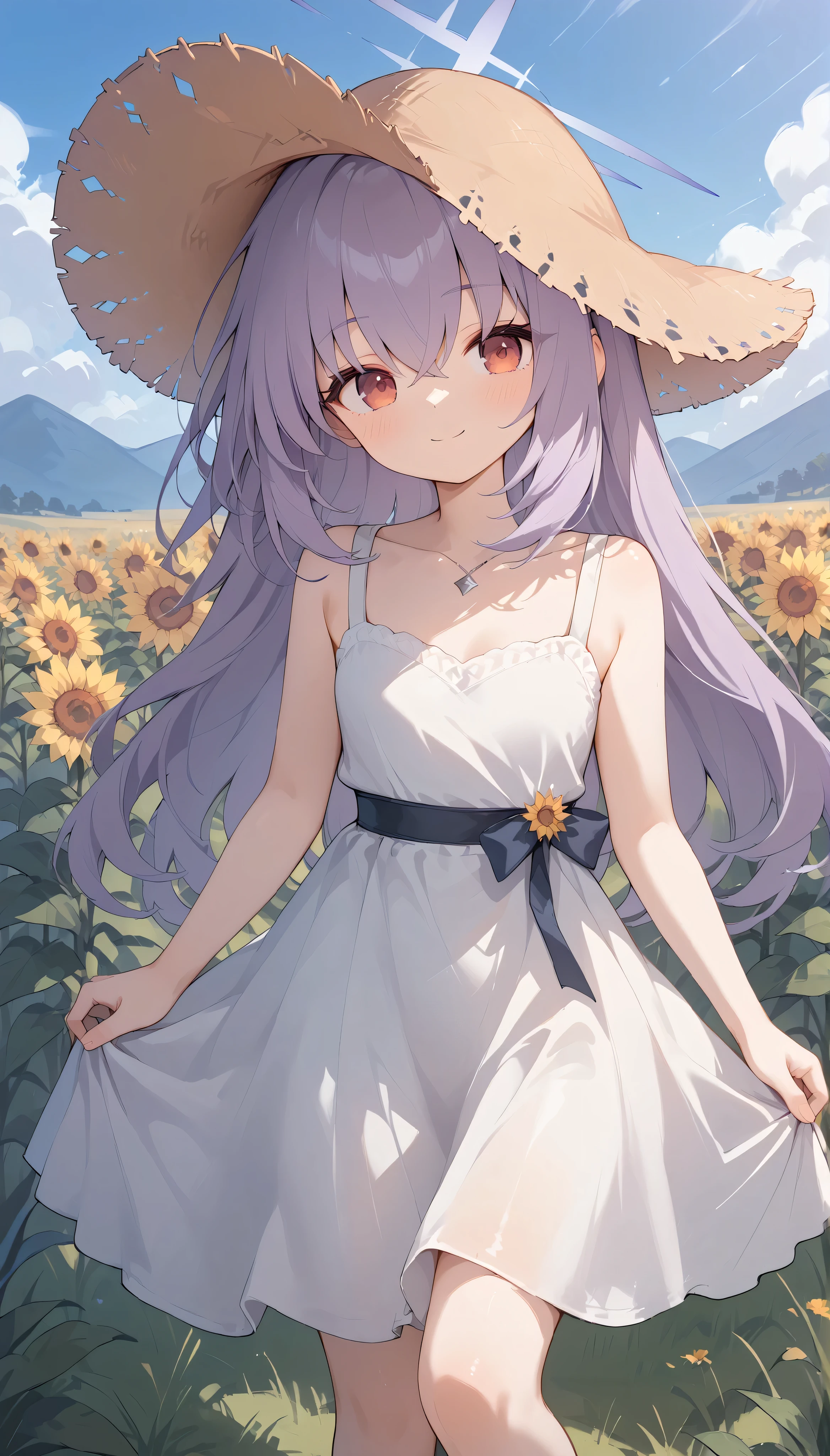 atsuko (blue archive),red eyes,purple hair,(straight hair:1.2),((long hair)),halo, solo, I can see my eyebrows from the inside of my hair, hair between eyes, is embarrassing, masterpiece, Best Quality, very aesthetic, thick thighs, Wide pelvis, sleeveless white dress, straw hat, outdoor, grassland, smile, sunflower field, bare arms, closed mouth,