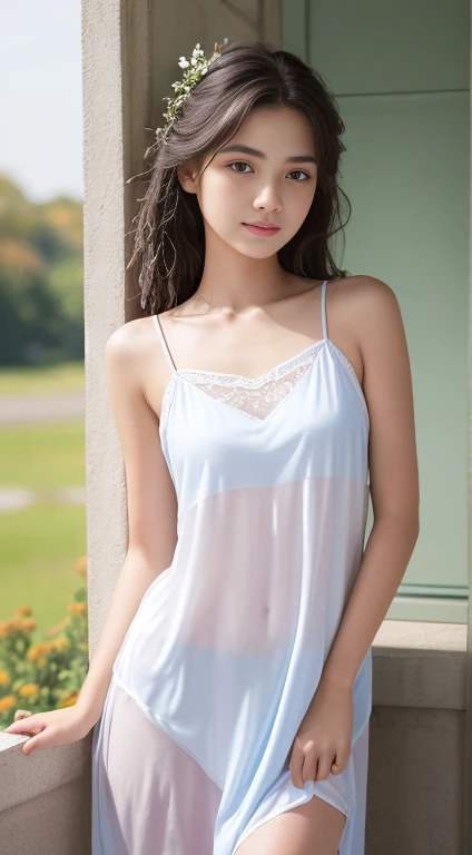 high resolution, Raw photo, Photorealistic, Extremely delicate and beautiful, Extremely detailed, finely detail, Highly detailed CG Unity 8k wallpaper, Ultra-detailed, (Best Quality, 8K, 32K, masterpiece, UHD:1.2), Photo of 19yo Pretty Japanese girl, (pale blue camisole mini dress), bare shoulders, skinny, grin, teeth, bangs, from behind,