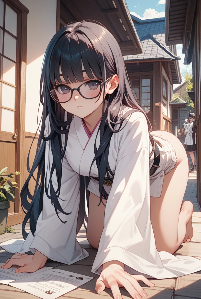 ultra-detailliert, Best Quality, High resolution, animesque、 ((A cute little naked girl with dark hair and large sagging eyes wears round glasses.))、Pretty eyes、Detailed eye depiction、Eye sparkle、deep detailed eyes, Looking at Viewer, pale skin, (((Petite))), (flat chest:1.4), (blush:1.2), （big eye:1.4), (Sareme:1.4), happy smile, In the park where cherry blossoms dance, sitting on, Focus on the face, Long hair,　((super close up of tongue))、(((front view))), open mouth, (((face only))), ((naked)), nsfw, flashing tits, pussy, drooling, No clothes are worn