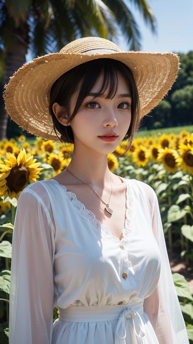 (HighestQuality, 8K,32k,masterpiece, UHD:1.2),extremely detailed CG unity 8K wallpaper,intricate details,Raw photo,(realistic:1.4),atmosphere,ultra high resolution,genuineistic,genuine,Huge_file size,incredibly absurd,(in the center:1.3),ultra illustration,(Super detailed),dramatic lighting,different colors,Depth of the bounds written,art:Krenz Kushart,golden hour lighting,Photographed with Canon EOS,SIGMA art lens 35mm F1.4,ISO200 Shutter speed 2000,blurred background,
break,
1 girl,(smile:1.4),Because I'm slender,(long straight hair with see-through bangs,:1.4),alone,20 year old Japanese beauty, (sunflower park, straw hat, denim tops,:1.5),(light brown hair:1.5),((brown eyes)),largechest,chest, Soft white skin that shines in every detail,pale skin,very beautiful face,very well-shaped face,natural and realistic face,Highest,detailed and beautiful eyes,Impressive, large eyes,detailed eyes, smile, closed mouth, detailed mouth,lip details,glossy beautiful lips,glossy lips,simple earrings,necklace,jewelry, alone focus,low neckline,
break,
light from the front,cool,Are standing,sensual expression, break,
(dutch angle:1.4),looking at the viewer,
break,Tzuyu,Yui Aragaki,