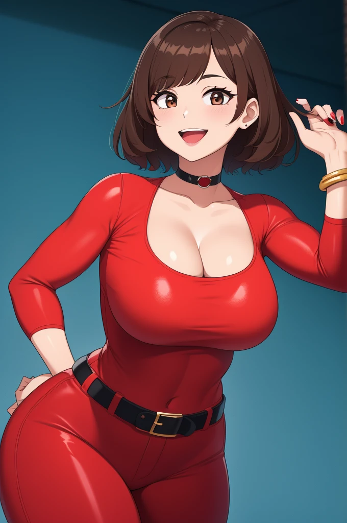 highest quality, High resolution, Makoto Harada, green eyes, Pink SF Leotard、open leotard、obesity、belt、thigh boots ,(huge breasts:1.2), blush, (embarrassing), :d, dark brown hair, bob cut、(((hand on chest)))、(Are standing)、Red-rimmed glasseedium hair