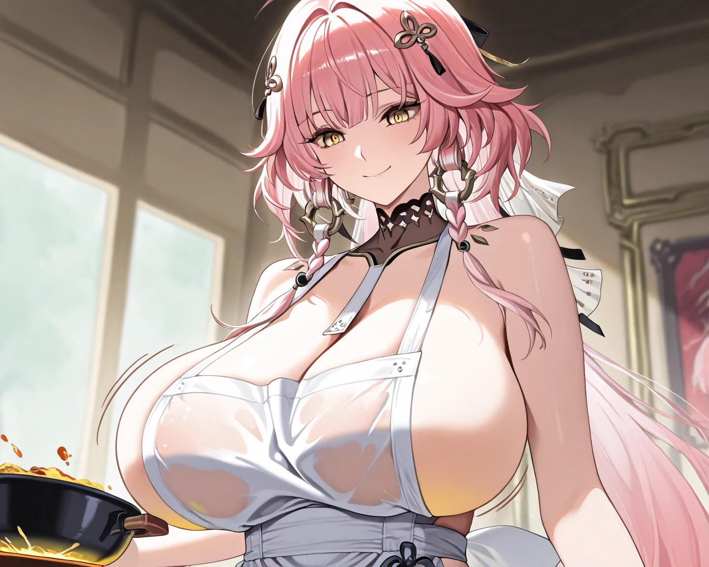 "(masterpiece:1.1), best quality,
1girl, (80s anime style:1.3), (eyelashes:1.5), (:1.2),
(intricate high detailed body:1.2),
(pink hair:1.1), (forehead, parted bangs, hairclip:1.1), (long hair:1.1), (holy hat:1.2),
purple eyes,
(gigantic breasts:1.5),
(happy, smile:1.2), (blush:1.1), open mouth,
(golden embroidery bikini armor:1.2), (garter belt:1.2),
(belts:1.1), (jewelry:1.1), crystal necklace,
standing, leaning forward,
(upper body, cowboy shot, looking at viewer, from front:1.1),
medieval tavern"