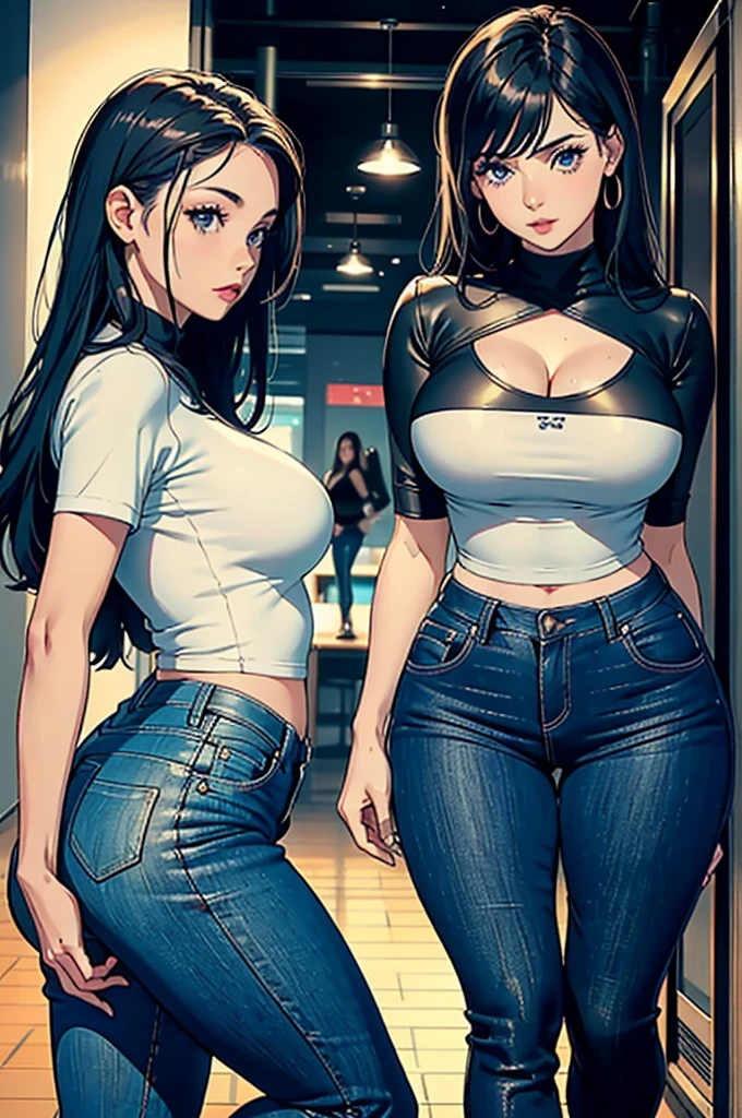 two beautiful sisters, size difference, the oldest has green eyes, the youngest has large and voluptuous breasts, sexy poses, living room background of a house, seductive looks, older sister is 165cm, younger sister is 155cm, home clothing style, Casual clothes, sexys 4k, detailed, younger sister brown eyes, big sister small breasts, homey atmosphere, normal clothes, younger sister huge breasts, big sister tight jean, Dark clothing colors