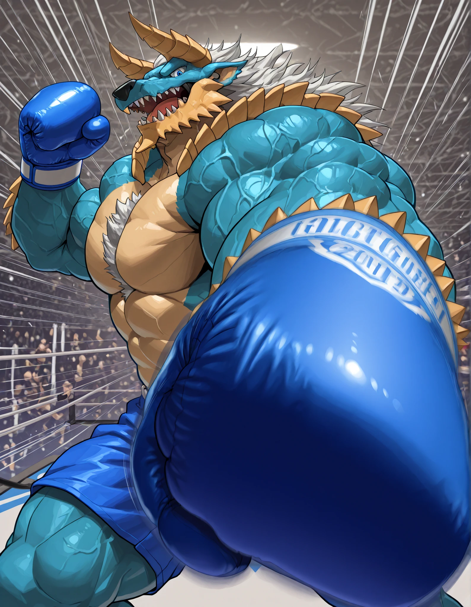 high quality, b0xingp0v, mercilessly punching_the_viewer, foreshortening, motion blur, blue boxing gloves, blue boxing shorts, depth of field, extreme perspective, extreme closeup, closeup, action shot, boxing, dynamic punching pose, motion lines, impact lines, mercilessly punching the viewer, cropped head, boxing ring background, braker zinogre heavy wait boxing champion, furry male, heavy muscular, veiny muscles, looking at viewer, ruthless smile, bedroom eyes, smug, bara, large pectorals, lowangleview-3000