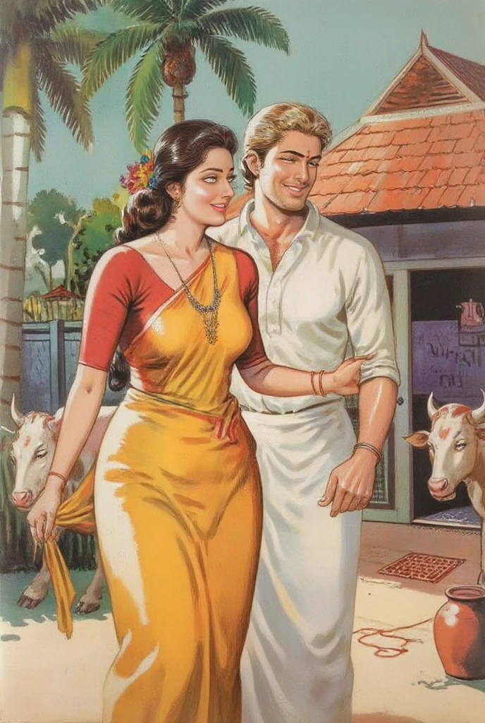 "An ancient Tamil woman in a bright traditional saree with temple jewelry and flowers in her hair, standing in front of an old Tamil village house (ஓட்டு வீடு) with her husband in a white dhoti and angavastram. Both are smiling. The background includes palm trees, a cow tied near the house, a kolam drawn in front of the doorway, and a clay water pot. Illustrated in 1950s vintage pop art style, bold outlines, retro flat colors, soft poster-like texture, warm earthy tones, and nostalgic feel."