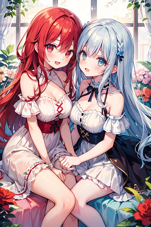 jeune fille en jolie culotte en dentelle, on voit les formes de son sexe se dessiner sou sa culotte, elle est rousse, elle a les cheveux long avec plusieurs tresses, avec les yeux vert et quelques tache de rousseur sur les paumettes, elle est très fine, sa poitrine est très fine, elle a de jolies hanches et les épaules nues, elle pose de manière sur d'elle, le dos bien cambré, elle est allongée sur un lit, dans une jolie chambre de fille bien éclairée.