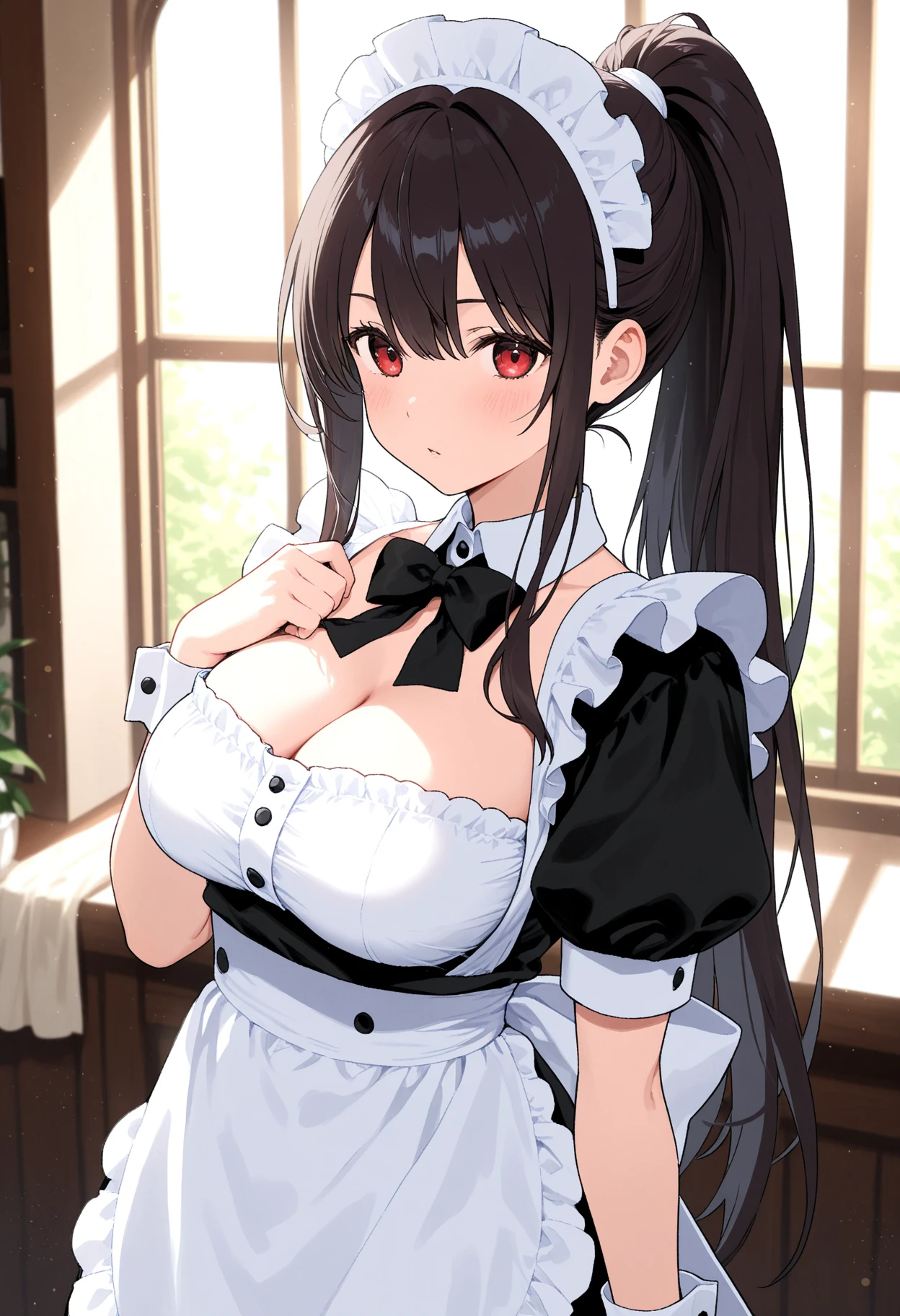masterpiece、Highest image quality、ultra high resolution、teen with big tits、twin tail hairstyle、black hair、red face、mock、Open your mouth just a little、Maid outfit that shows the cleavage of a teenage school girl、Maid headband for teenage schoolgirls、Knee high socks for teenage schoolgirls、Inside the kitchen