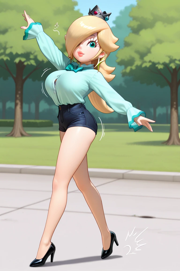 masuter piece, Best Quality, 超A high resolution, top-quality, Anime style, The best lighting, Beautiful face, ​masterpiece, Hi-Res, RO1, Hair buns, blue eyess, Twin-tailed, panthyhose, tightpanties, Pink ribbon, wrist watch,  Standing, cowboy  shot, deph of field, pokeball \(basic\), A smile, (Grass background:1.5), pleasant sunny sky, 1girll