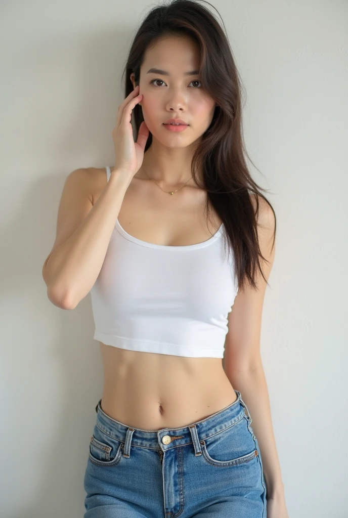 (Cute teen fashion model:1.5), thai girl, asian, close up, super tan skin, bust focus, natural light, tomboy, skinny, thin, slim, lean, slender, nubile, posing for picture, very long hair, waist length hair, black hair, raven hair, blueeyes, natural lighting, armpits, thin waist, thin hips, perfect lips, fat lower lip, young, youthful, teen, teenager, busty teen, pokies, grey background, tight crop top, tiny shorts, no_bra