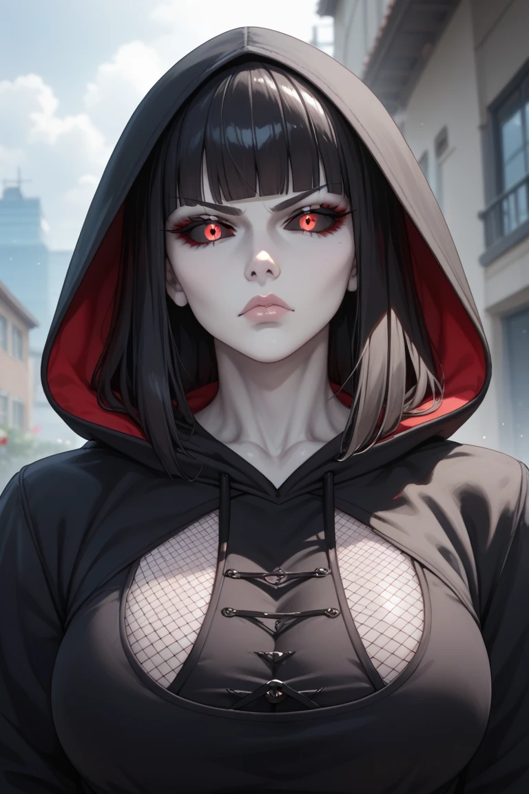 "(best quality,ultra-detailed,realistic:1.37),portrait,dark,hooded sweatshirt,black pants,penetrating red eyes,disgusted expression,big breasts,long black hair,stern,mysterious lighting,mystery", hitomitanaka