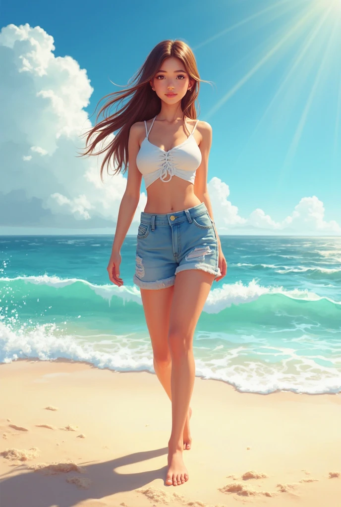 painting of a woman walking at the beach beautiful sun set, palm trees, next to a beach cafe, people on surfboards, surfing, sand castles, fun place to go and have a good time, digital art picture, stylized digital illustration, cuban women in havana, digtial painting, in style of digital art, digital art oil painting, in the style of an oil painting