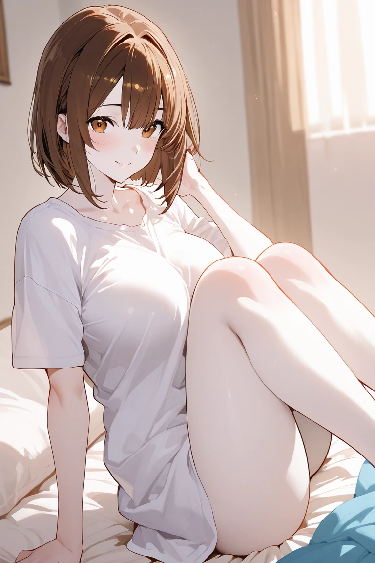 ((Medium Shot)), beautiful girl, very short brown hair, Wear a white long-sleeved T-shirt,White low rise bottoms, Perfect hands, Perfect body, Sit with your knees raised and your legs crossed, barefoot, Don't make eye contact、Smoking a cigarette, ,((Exquisite detail)), Very finely crafted fingers(((10 fingers))), , (Full-body showcase), (Show your whole body), (No logos on background), (No logo), ((Plain background)), ((Plain background)), (((Sky Background))).、barefoot、The camera frame is taken from below., legs spread,