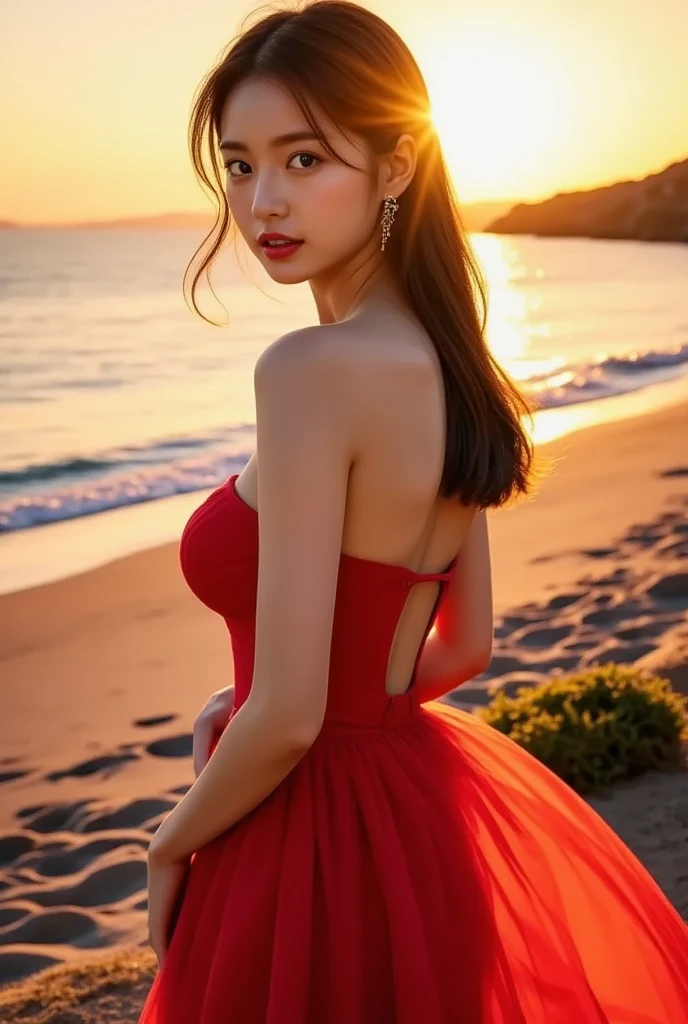 masutepiece, Best Quality, Illustration, Ultra-detailed, finely detail, hight resolution, 8K Wallpaper, Perfect dynamic composition, Beautiful detailed eyes, Wear a dress, Natural Color Lip,Beach, Random and cute poses, Kissing face,Close your eyes,Face Kiss Viewer,Perfect and beautiful face,Cute,Sexy face,Sunset,A face that felt ecstasy,Feminine face,Expression of excitement climax having sex