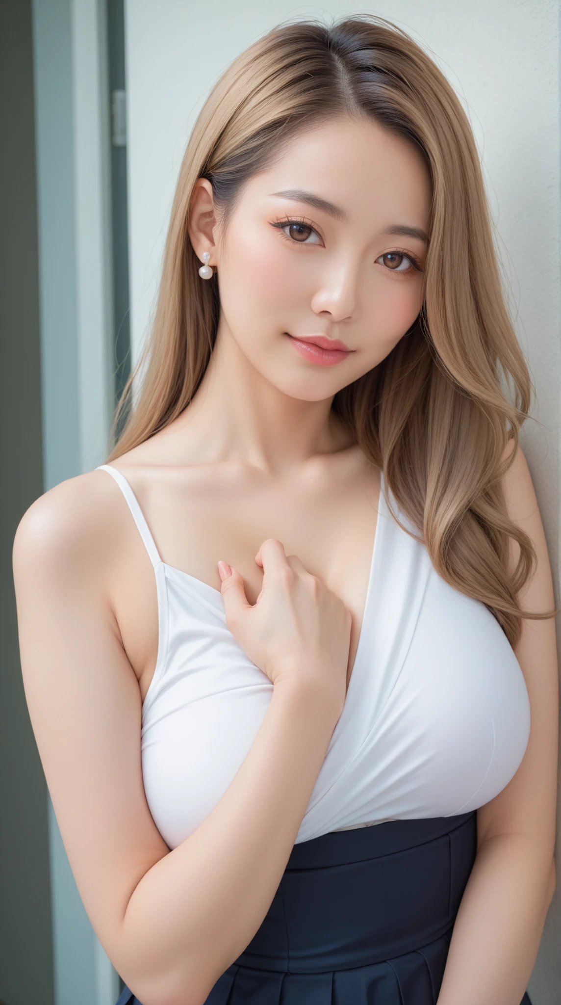 master piece, 1 beutiful girl, fine eyes, cute eyes, quality, 超High resolution, (realistic: 1.4), RAW photography, 1 pretty girl, cinematic lighting,asian beauty,beauty of europe, so beautiful, beautiful skin, slim, body facing front, (ultra photorealisticim), (High resolution), (8k), (very detailed), (Best illustration), (beautiful and delicate eyes), (Super detailed), detailed face, looking at the viewer,smile, look straight ahead, neat clothes, No sleeve,short and fine hair,blonde,slanted bangs,white background,Tidy room,
