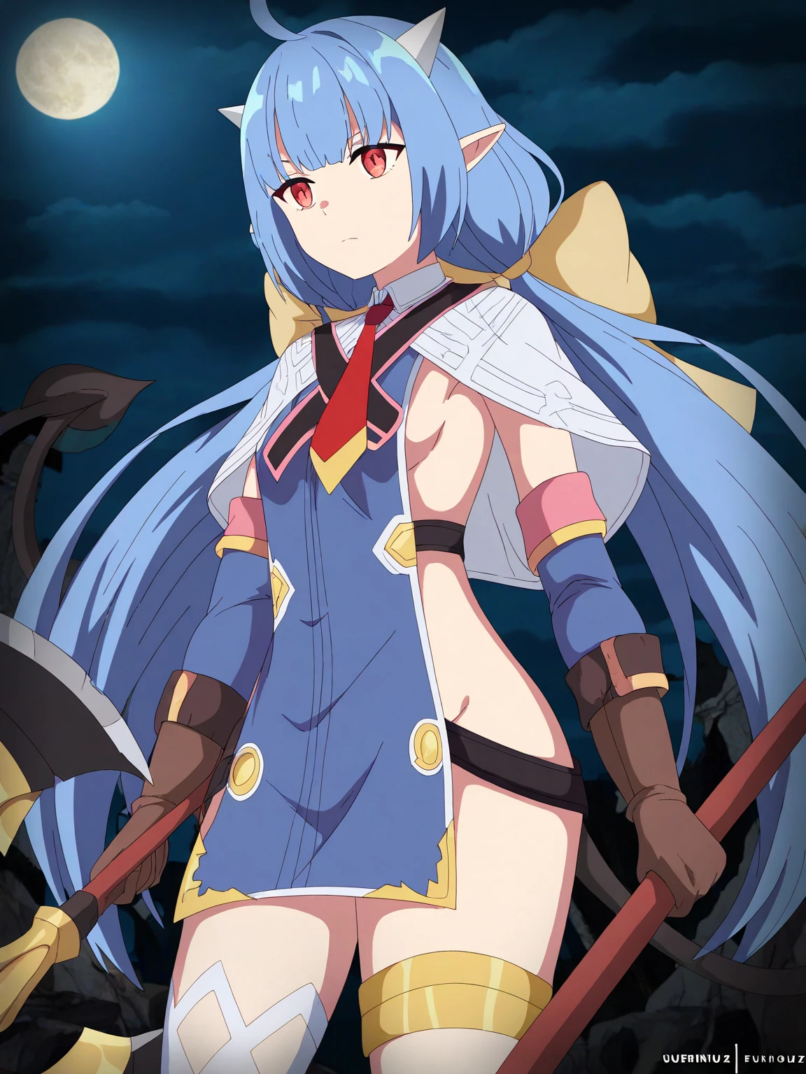 laharl-chan, long blue hair, antenna hair, red eyes, huge breasts, cleavage, (black and white maid costume:1.2), red necktie, (bedroom:1.2), solo, 1girl, bulge, bulge in shorts, penis, futanari 