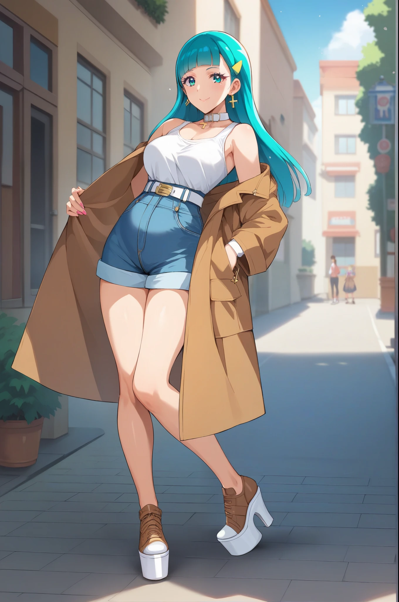 score_9, score_8_up, score_7_up, score_6_up, Source_Anime, nsfw，masterpiece,Highest Quality,great quality for pregnant women after a big meal，(Pretty Cure)，(Anatomically Accurate)，solo,1girl,beautiful girl，Slender body，Beautiful Legs，Slender Legs：exposed legs,Beautiful skin,Beautiful Eyes,Beautiful Face，Blonde,straight hair,Blunt Bang,aqua eyes,Aqua Hair Clip,cross earrings,white collar shirt on the back,brown coat,open coat,Wear a White Belt,High Waist Straight Denim Pants with Belt，pants style，(Thick Soled Brown Shoes，High Heels Platform Leather Sneakers,Brown Shoelaces),stare at viewers in the mansion's bathroom,standing upright,closed mouth,happy,street,Harajuku fashion，Pretty Cureスタイル，glitter， Depth of Subject ，