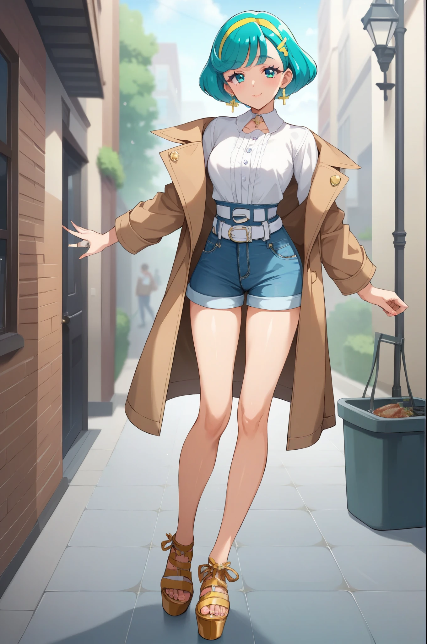 score_9, score_8_up, score_7_up, score_6_up, Source_Anime, nsfw,masterpiece,Highest Quality,great quality for pregnant women after a big meal,(Pretty Cure),(Anatomically Accurate),solo,1girl,beautiful girl,Slender body,Beautiful Legs,Slender Legs:exposed legs,Beautiful skin,Beautiful Eyes,Beautiful Face,Blonde,straight hair,Blunt Bang,aqua eyes,Aqua Hair Clip,cross earrings,white collar shirt on the back,brown coat,open coat,Wear a White Belt,High Waist Straight Denim Pants with Belt,pants style,(Thick Soled Brown Shoes,High Heels Platform Leather Sneakers,Brown Shoelaces),stare at viewers in the mansion's bathroom,standing upright,closed mouth,happy,street,Harajuku fashion,Pretty Cureスタイル,glitter, Depth of Subject ,