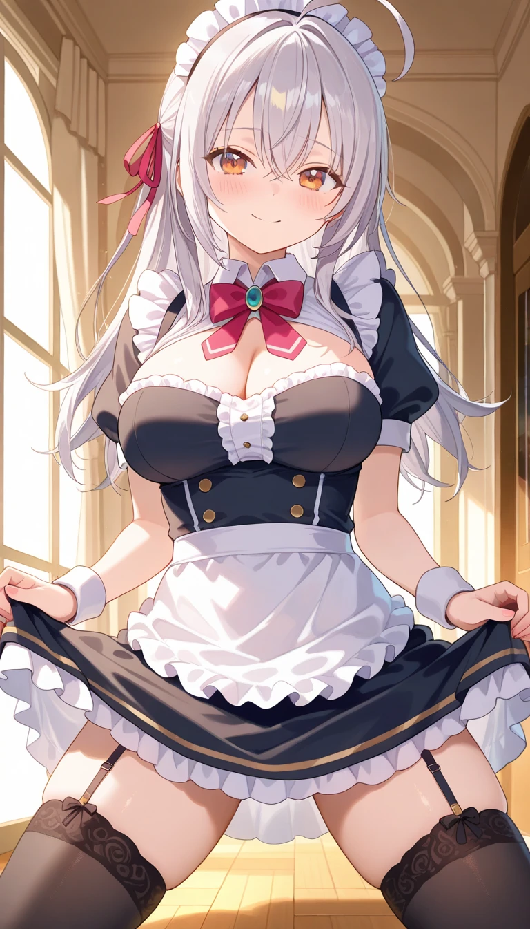 fgokama, kama, hair ribbon, (red eyes), red ribbon, ribbon, long hair, white hair, masterpiece, best quality, high resolution, unity 8k wallpaper, (illustration:0.8), beautiful detailed eyes, extremely detailed face, perfect lighting, extremely detailed CG, perfect hands, perfect anatomy, classroom, (maid), standing, city street, short puffy sleeves, maid apron, cleavage, thigh highs, high heels, glossy lips, lips parted
