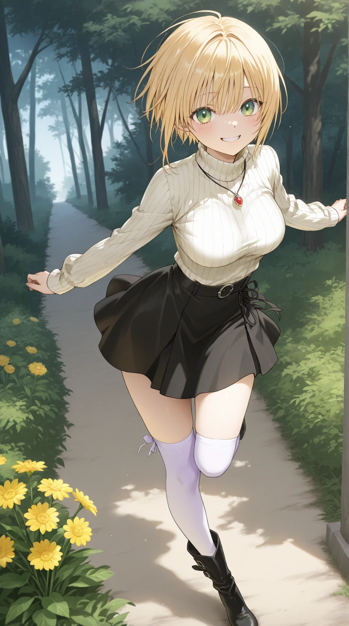 takashi takeuchi、Tsukihime、Warden Brunestad、女の子1人、Ahoge、(a blond:1.3)、a miniskirt、(Blue skirt)、red eyes、short-hair、skirt by the、Smile with open mouth、(独奏)、White sweater、(White turtleneck)、((​masterpiece))、Black pantyhose、(black thighhighs:1.3)、(Skirt lift:1.3), (Black panthee:1.3)、(Skirt that rolls up:1.3)、(Fully exposed panties:1.5)、outside of house、plein air、blue-sky