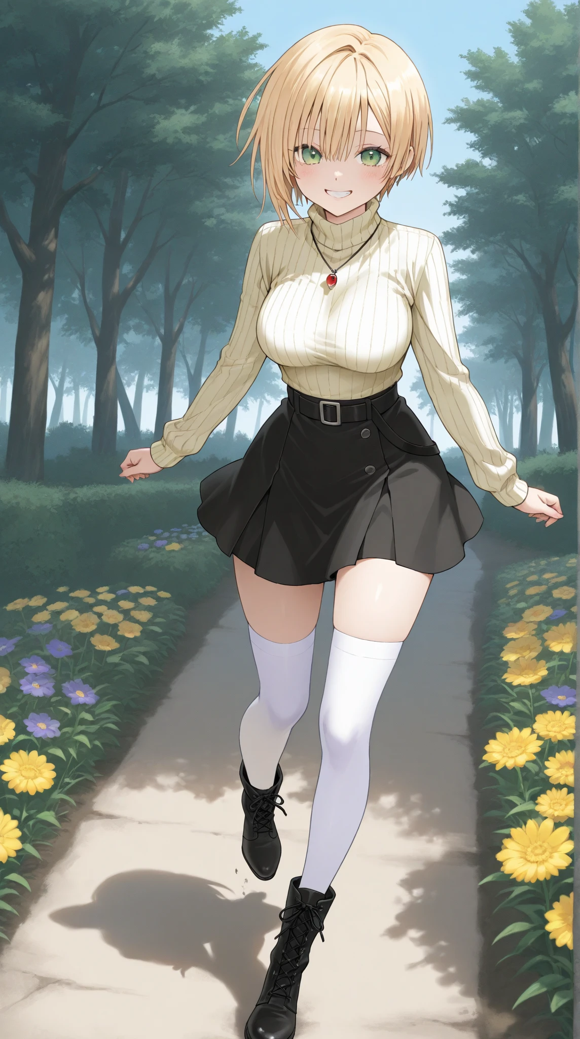 Slender and sexy woman,Black thigh-high boots,Beige jean shorts,Chained,Crucifixion,Put your hands behind your back,Folded ponytail,suspension,in the forest,