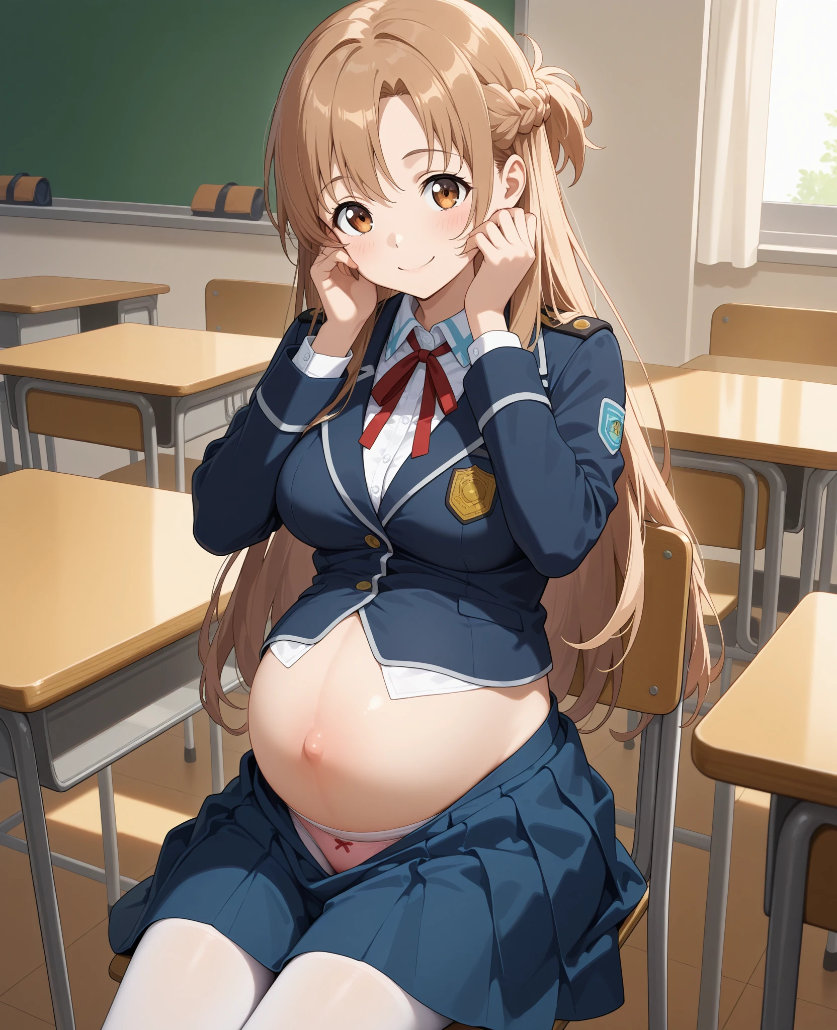 score_9, score_8_up, score_7_up, source_anime,
akaneminagawa, akane minagawa, long hair, bangs, brown hair, brown eyes,
shirt, jacket, white bikini, collared shirt, blue jacket, skirt,
indoors, classroom, rubing belly, smile,
looking at viewer, cowboy shot, solo, pregnant, possing, 
