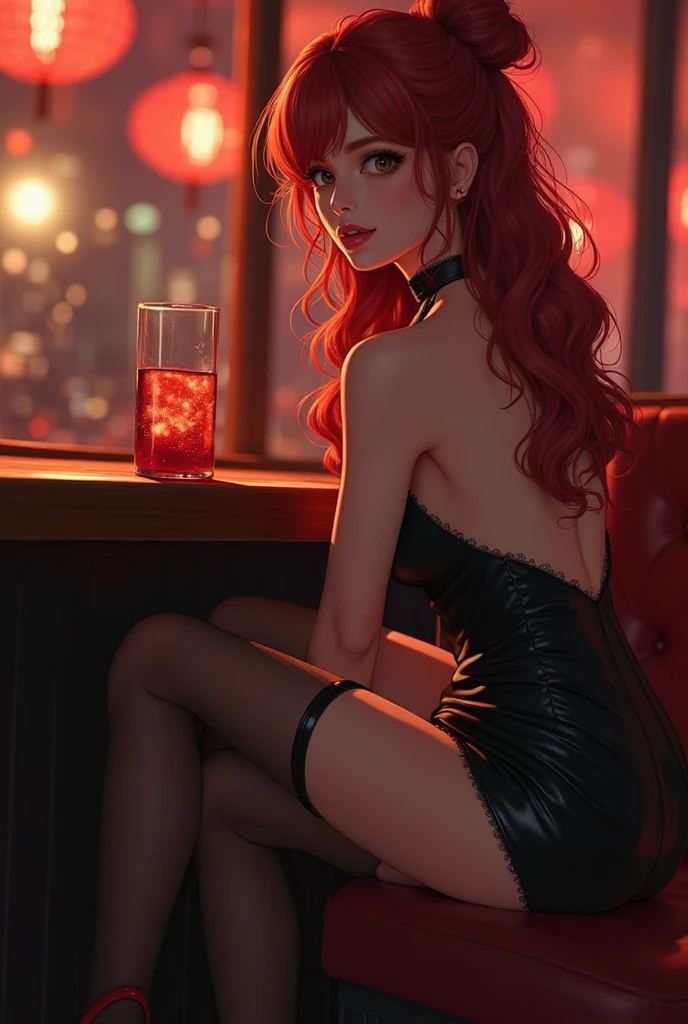 A woman with red hair, white skin, green eyes, thin nose with pink mouth, with a light makeup, wearing a dark blue dress with a light Glitter with medium breasts, thin waist, wide hip with an elegant neckline, nails painted water green, long straight hair with light curls at the tip, wearing thin heeled shoe of black color, wearing a beautiful choker with a sapphire, wearing silver earrings with sapphires, wearing: a silver bracelet she is sitting in a chair in an elegant position with a table on the table has a glass of wine with wine on the table has a bottle of wine inside a bucket with ice a plate with spaghetti in the sauce sugo with grated cheese she is on the balcony of a luxury hotel overlooking the Eiffel Tower in Paris is at night the sky has a moon lit with a many stars around the balcony and large with a modern decoration the woman is happy on the balcony has an open glass door