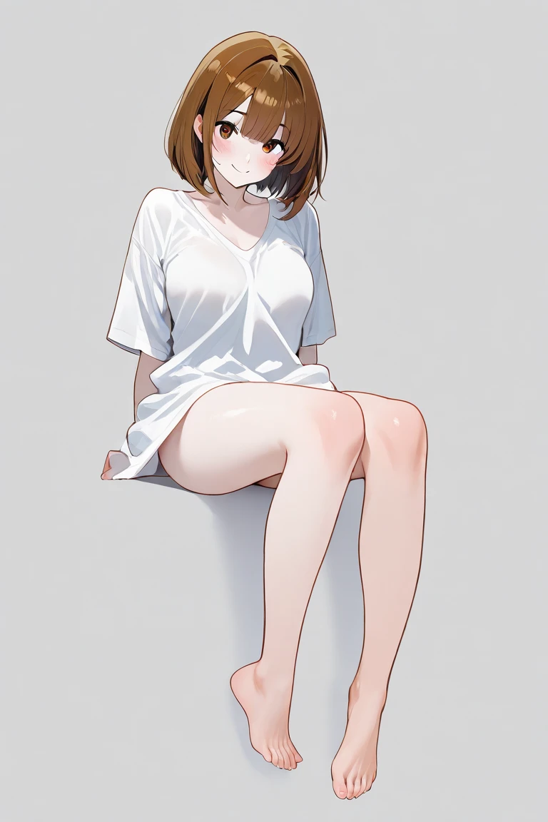 (((masterpiece, best quality, ultra highres, 1 girl, solo, no background))), super detailed skin and face and eyes and finger, beautiful japanese woman, small breasts:1.5, skinny, light brown hair, white background, very short pixie hair, cowboy shot, Generate with illustrations, Various expressions, Various poses, Please draw the entire character within the frame, ensuring that the head, arms, and legs are not cut off. The background should be simple, with the character positioned centrally, outline, anime, 2d, boyish, tiny micro sexy body suit, M legs, spread legs, embarrassed, Cross-legged sitting,