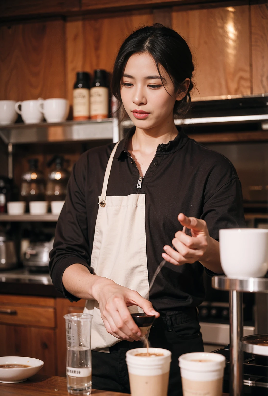 1pc（50-year-old middle-aged Chinese woman）Mopping with a mop，Housewear，aprons，in living room，desks，sofe，sface focus，looks into camera