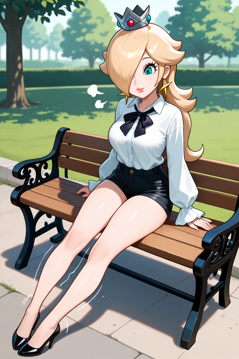 score_9, score_8_up, score_7_up,score_6_up, score_5_up, highly detailed, lighting and shadowing, light and shadow, high res, 1girl, mineva lao zabi, gundam , opaque white shirt with tie, black (tight skirt:1.2), black thigh high stockings with garter belt, sitting on the bench in the crowded park, (eating a slice of lemon:1.2), sunlight coming through the window, giga_busty, , (button_gap:-0.5), masterpiece, best quality, very aesthetic, absurdres