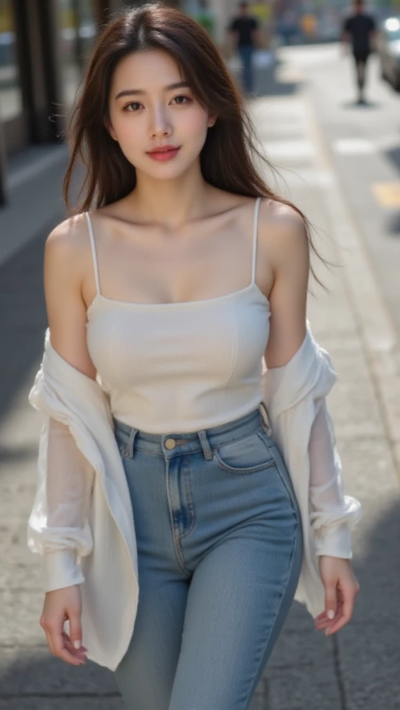 (photorealistic:1.4), (Best image quality:1.0), (Super high resolution A:1.0), 8 thousand, raw photo, (masterpiece:0.2), (pure eros face_V1:0.5)、(best quality Detail:1.2)、realistic、8 thousand UHD、highest resolution、(1 girl:1.2)、very detailed、High-quality textures、delicate details、The Details、very detailed CG、high quality shadows、Detail : beautiful and delicate face、Detail : beautiful delicate eyes、depth of field、ray tracing,1 girl, beautiful skin, facing the front, sky porn, Magic hour, (realistic:1.3), in detail, (realistic:1.1), (best quality), (intricate details), (Bright hair), (very small face), (Very short and light hair), (beautiful smile), sexy legs, slim waist, chapped lips, (She enjoys the theme park), (Sexy jeans:1.3), (oven shoulder multi shirt:1.3),