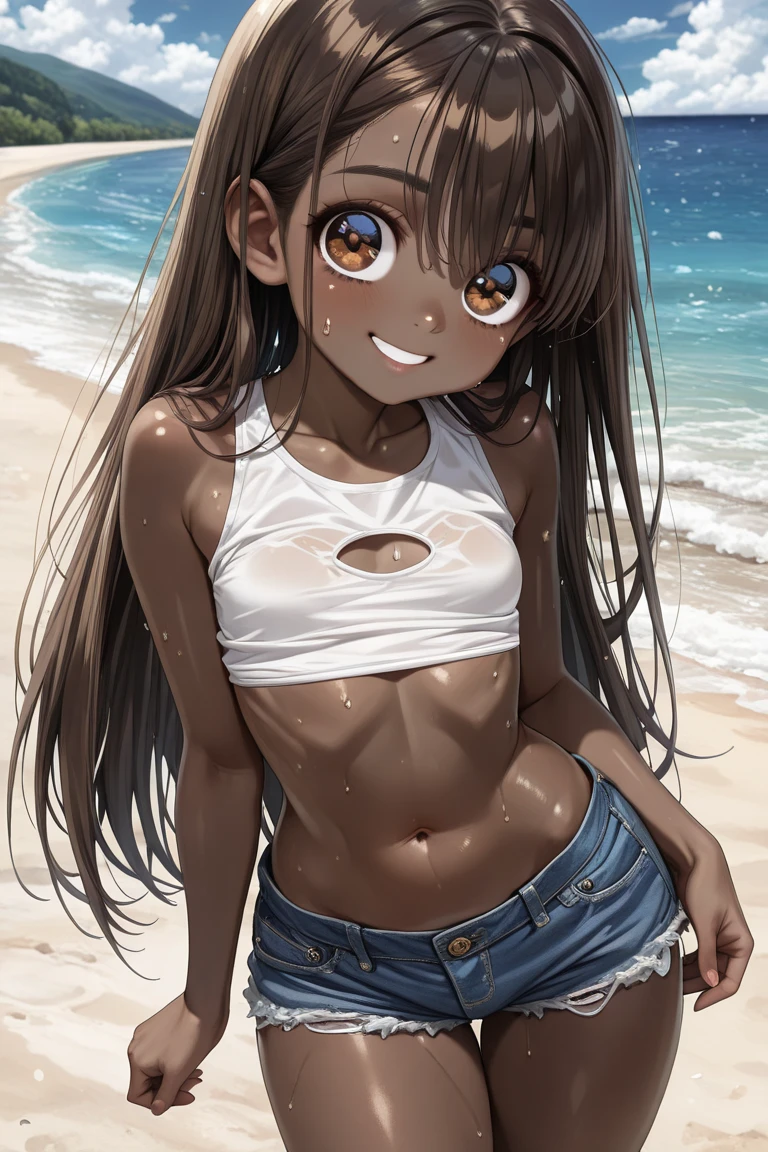 Tanned girl in a swimsuit standing on the beach、Illuminated by the setting sun、Smiling at the viewer、Cross your arms behind your back