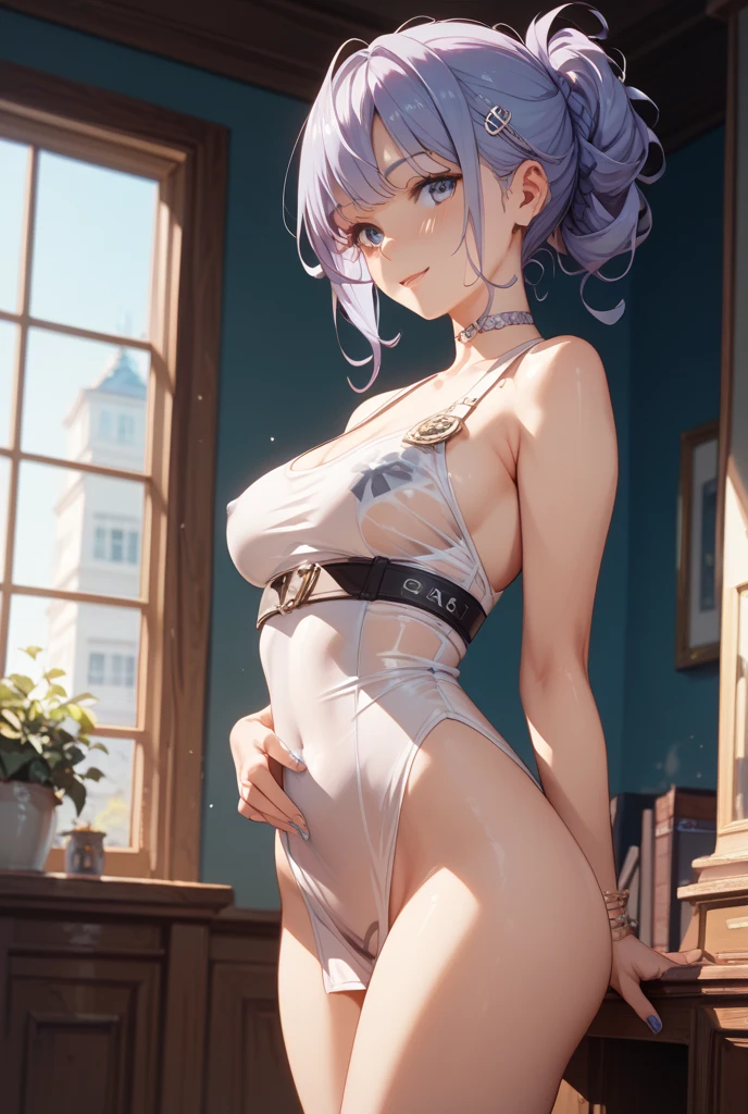 visible areola, transparent micro bikini, wet, hands on chest, transparent, looking at the viewer, hair ornament, choker, shy, (masterpiece, top quality, best quality, official art, beautiful and aesthetic: 1.2), (1 girl), extremely detailed, colorful, more detailed upper body, bottom, cameltoe, tiny transparent lingerie, full body, wet crotch, (breasts: 1.2), squeezed breasts, high heels, thigh open, one leg up, sensual, qiqirnd, small girl, small person