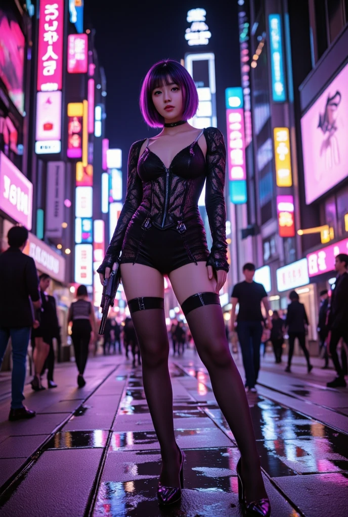 Woman in black stockings and heels,young and cute girl, wearing in stocking,Sexy Girl, Lovely woman, pantyhose, 8K,top-quality、超A high resolution、女の子1人、Futuristic bodysuit、Black Choker、(huge-breasted:1.2)、, Pink short hair, bunnygirl, Photo, background is city at night,Live action,japanes,独奏,Beautiful expression,