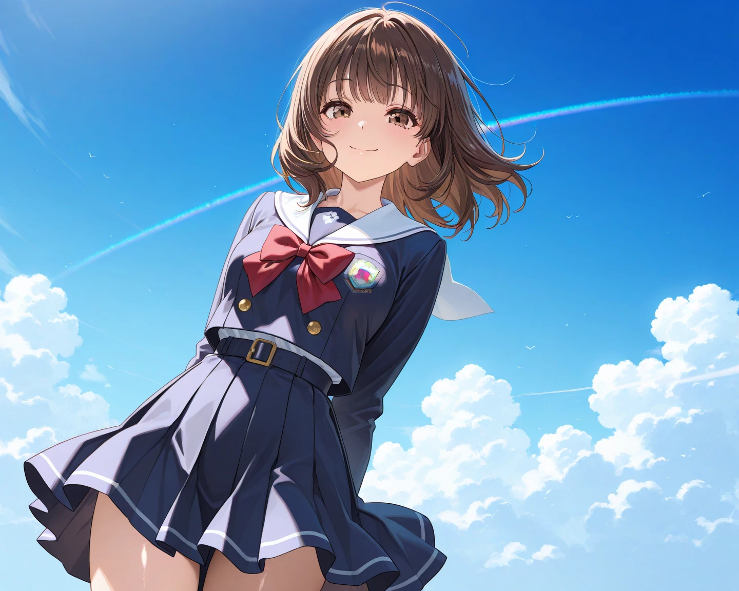 (Idol Master), (highest quality, 8k, masterpiece, Very detailed:1.4), (Lens flare, Particles of light, Shine), Big Breasts, smile, Open your mouth, masterpiece, highest quality, Very detailed, High resolution, Very detailedなCG, masterpiece, Official Art, From below, uniform, Perfect body, (Embarrassing:1.1), Open your mouth, charm,