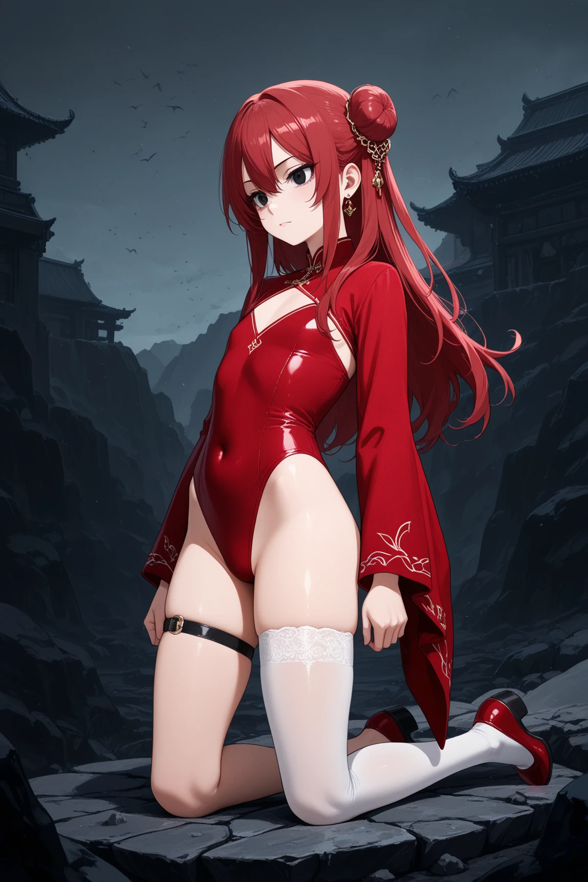 Little red-haired woman with red eyes cute face 