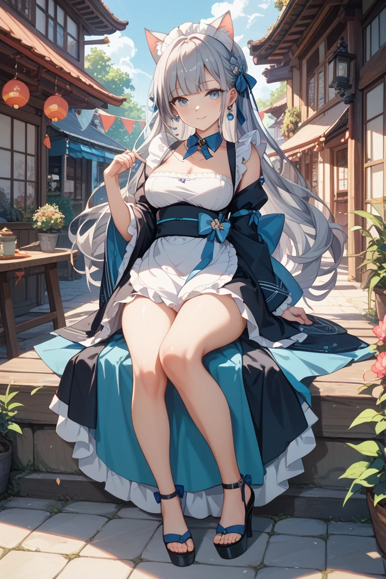 ((highest quality)), ((masterpiece)), (be familiar with), perfect face, one girl、15 years old、big breasts、small face、long hair、silky hair、Braid in one place、bluish silver hair、kimono、Sheer clothes、summer clothes、mini skirt、Full body figure、つま先から頭のてっぺんまでのFull body figure、足先から頭までのFull body figure、fox ears、No underwear、Zori sandals、2 heads、Little、