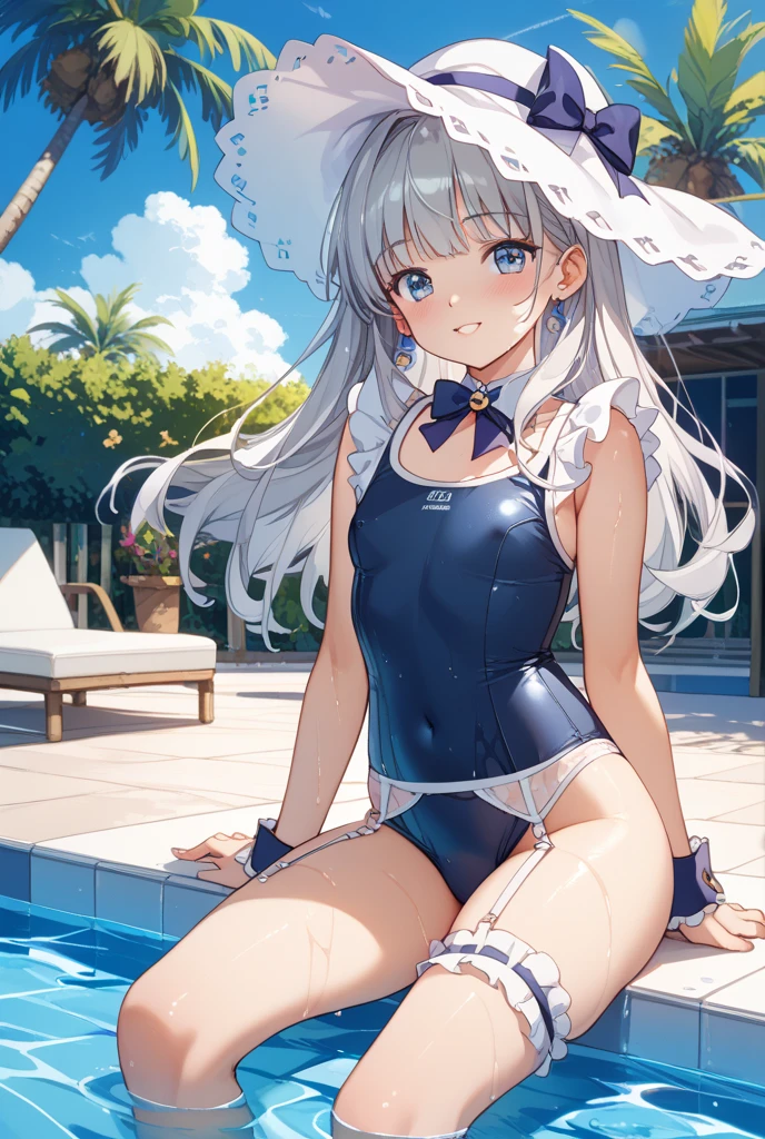 High quality、highest quality、complete limbs、Ultra high definition、Shining eyes、Drooping eyes、Full hands and fingers、slender beauty、princess cut、Wearing a school swimsuit、white skin、knee high socks