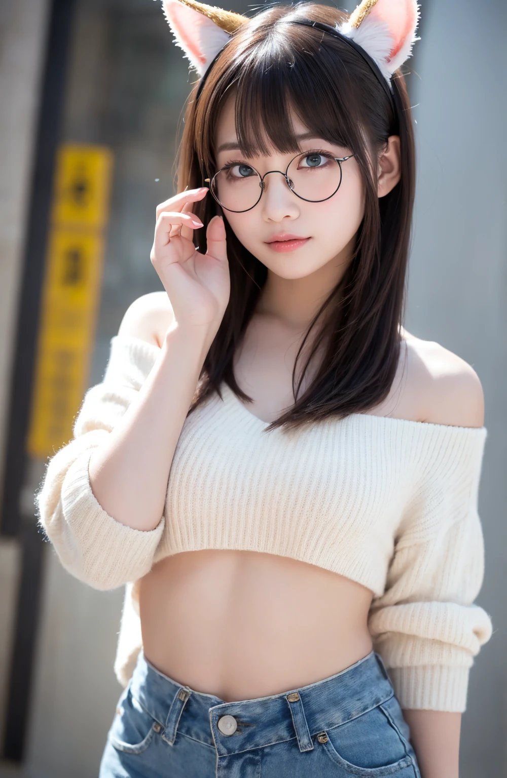 ((japanese girl)), 8K, Raw photo, highest quality, super detailed, ultra high resolution, realistic, photo-realistic, High-definition RAW color photo, professional photos, very detailed, 8k wallpaper, wonderful, finely, huge file size, very detailed顔, very detailed目, very detailed肌, very fine fingers, very detailed鼻, very detailed口, perfect anatomy, very detailed背景, realistic body, good figure, blown hair, (medium hair), cute face, photo shoot, (Smile), perfect skin, perfect anatomy, big breasts, (round glasses), (off shoulder high neck knit), (mole), ((downtown)), high angle shot, flowing bangs, full body shot,((mini skirt:1.5)),((No panties:1.5))、((Low - Angle:1.5))、