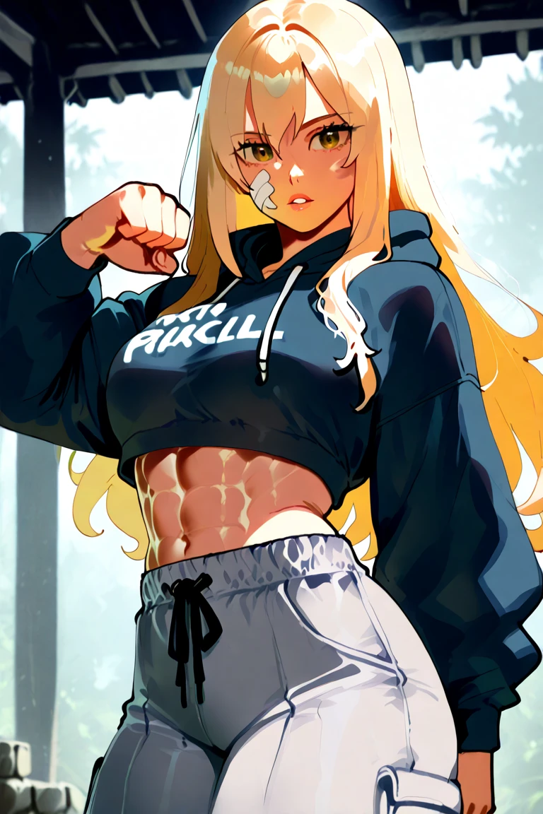 (1girl),large breasts, breasts, tan, dewy skin, sweaty skin, wavy blonde hair, punk tshirt, punk girl