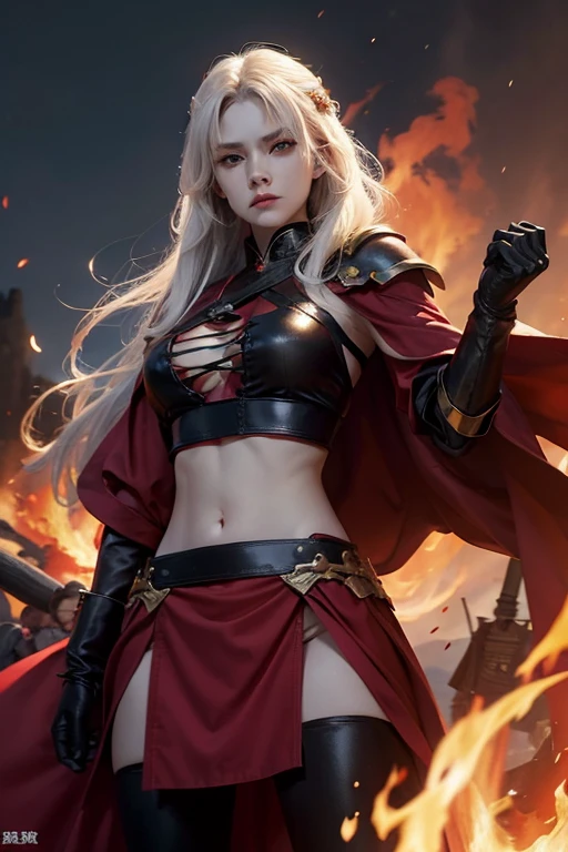 ((((Jennifer Connelly)))) as, Voluptuous, Busty White-Haired Female Dark Knight in ((((Black Full Metal)) Bikini Armor)), Red Eyes, (Thigh high Full Metal Armored Boots). (((Full Body View))), Long hair, Messy bun, (Red Cloak), (((Red Pleated Skirt))), detailed, perfect makeup, beautiful lips, large hoop earrings, (METAL bikini armor), No Helmet, (No Spikes), (Tall girl, Long legs), (Solo, 1girl), (Masterpiece, Detailed, 4k), perfect face, perfect lips, perfect makeup, dark eyeshadow, Unreal Engine 5, (Full Body Portrait), absurd resolution, high resolution, sharp image