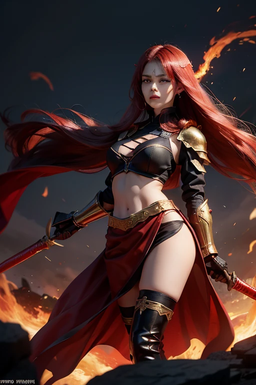 A submissive female knight with long red hair and green eyes and freckles kneels at the feet of a demon, mature woman, aura of lust, mind broken, conquest, volumetric lighting, battlefield, medieval, night, vivid, beautiful painting, 8k