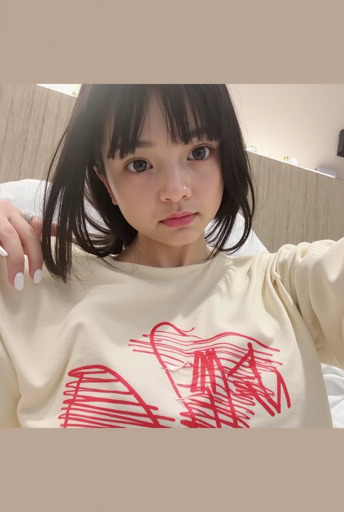 there is a young girl with a white shirt that has a red design on it, chiho, e - girl, e-girl, 🤤 girl portrait, style of junji ito, with short hair, 奈良美智, harumi, the hime cut, realistic anime 3 d style, shiori teshirogi