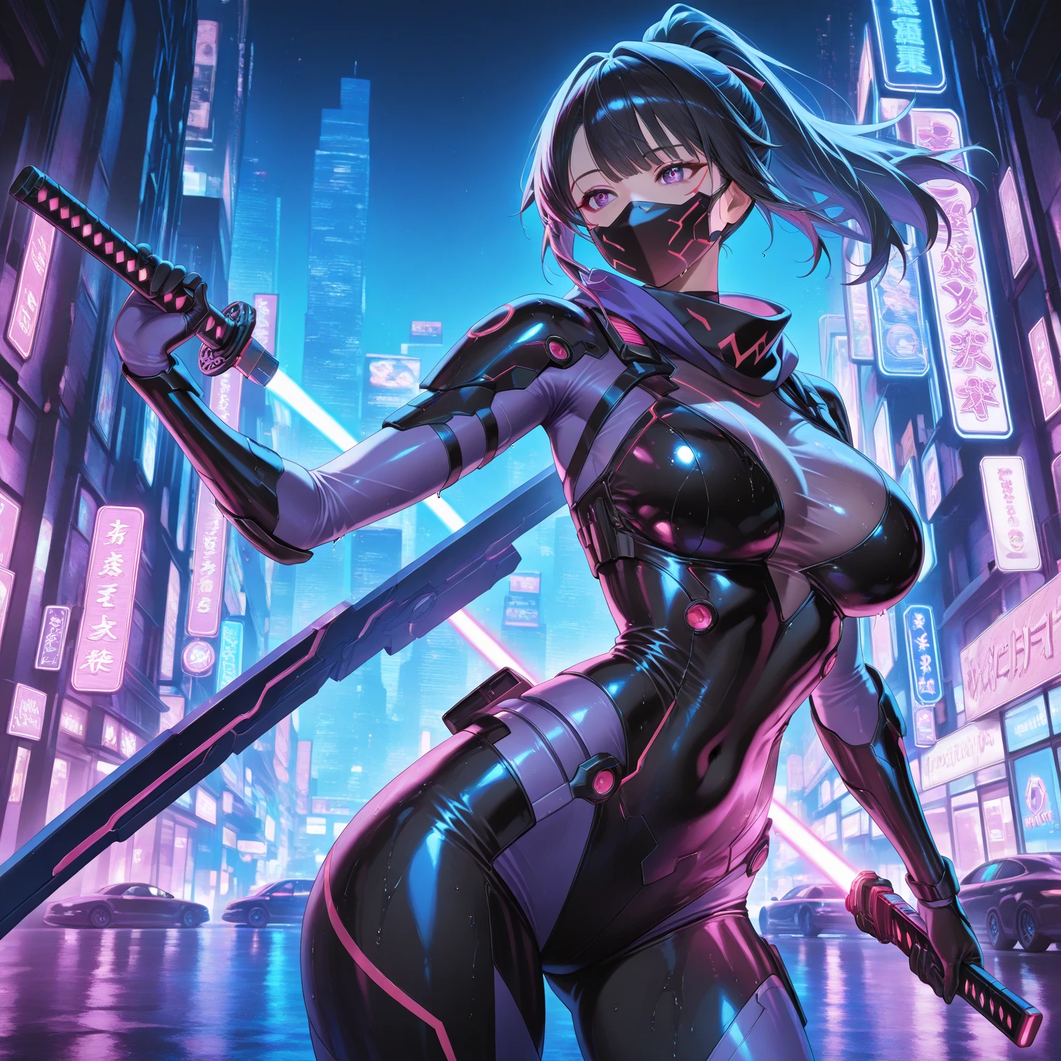 Cyberpunk;  female Protagonist;  black hair;  girl;  comic cover;  katana;  pink eyes; short hair;  cover; action;  Bad corporation 